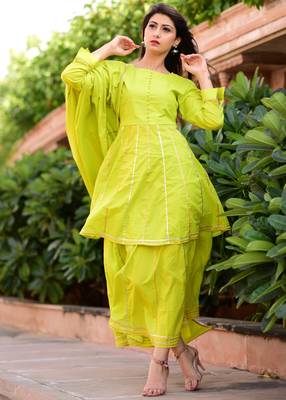 Light-Green Plain Cotton Kurta And Skirt With Dupatta 2