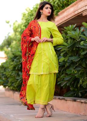 Light-Green Plain Cotton Kurta And Skirt With Dupatta 1