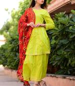 Light-Green Plain Cotton Kurta And Skirt With Dupatta
