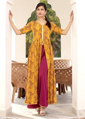 Mustard Printed Front Slit Rayon Kurti With Palazzo Set 1