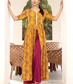 Mustard Printed Front Slit Rayon Kurti With Palazzo Set