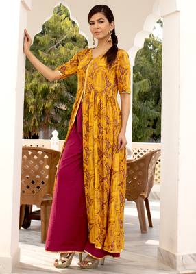 Mustard Printed Front Slit Rayon Kurti With Palazzo Set 2