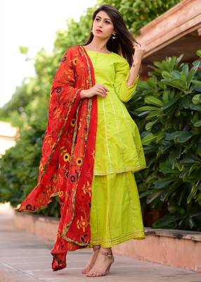 Light-Green Plain Cotton Kurta And Skirt With Dupatta 2