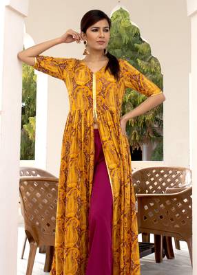 Mustard Printed Front Slit Rayon Kurti With Palazzo Set 3