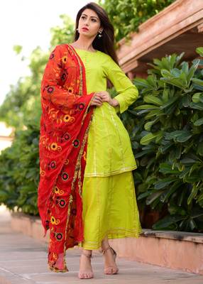 Light-Green Plain Cotton Kurta And Skirt With Dupatta 3
