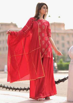 Red Printed Rayon Kurta With Palazzo 2