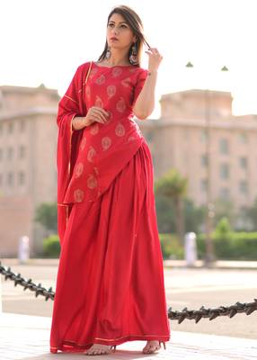 Red Printed Rayon Kurta With Palazzo 4