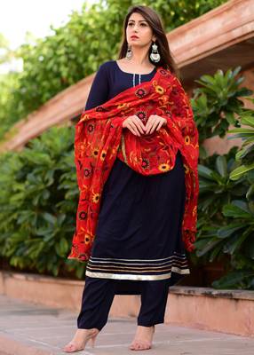 Blue Plain Rayon Kurta With Trouser And Dupatta Set 1