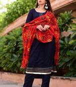 Blue Plain Rayon Kurta With Trouser And Dupatta Set