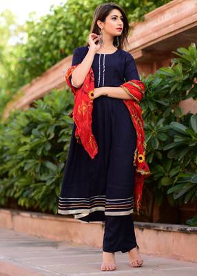 Blue Plain Rayon Kurta With Trouser And Dupatta Set 2