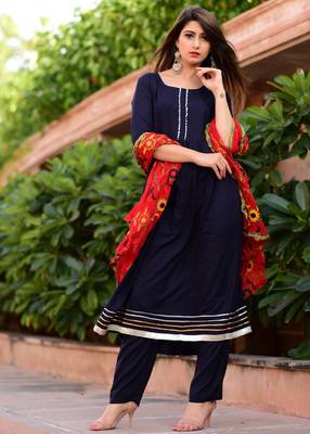 Blue Plain Rayon Kurta With Trouser And Dupatta Set 3