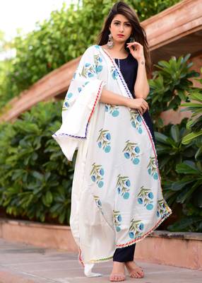 Blue Plain Rayon Kurta With Trouser And Dupatta Set 2