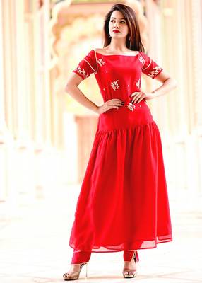 Red Embroidered Georgette Kurti With Trouser 1