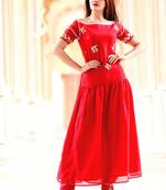 Red Embroidered Georgette Kurti With Trouser