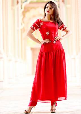 Red Embroidered Georgette Kurti With Trouser 3