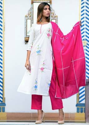 White Printed Cotton Kurta With Trouser And Dupatta Set 1