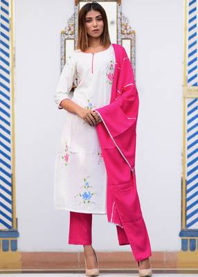 White Printed Cotton Kurta With Trouser And Dupatta Set 2