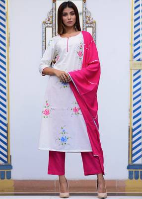 White Printed Cotton Kurta With Trouser And Dupatta Set 3