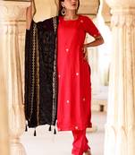 Red Embroidered Crepe Kurta And Trouser Set