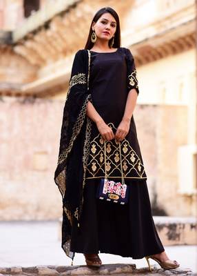 Black Embroidered Crepe Kurta With Palazzo 1