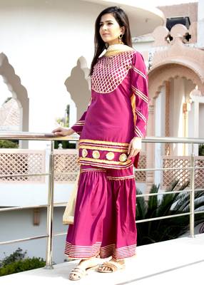 Magenta Embroidered Crepe Kurta With Sharara 1