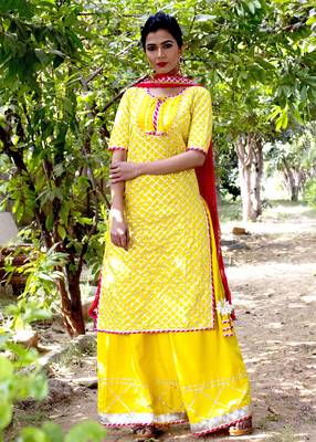 Yellow Embroidered Crepe Kurta With Palazzo And Dupatta Set 1