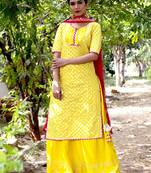 Yellow Embroidered Crepe Kurta With Palazzo And Dupatta Set