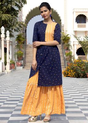 Blue Embroidered Cotton Kurta And Skirt Set 1