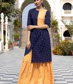 Blue Embroidered Cotton Kurta And Skirt Set