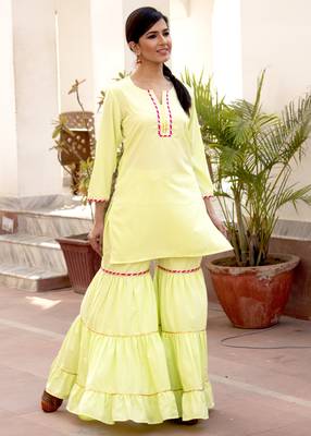 Lemon Plain Crepe Kurta And Sharara Set 1