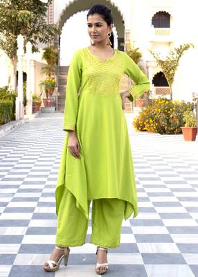 Green Embroidered Crepe Kurta And Palazzo Set 1