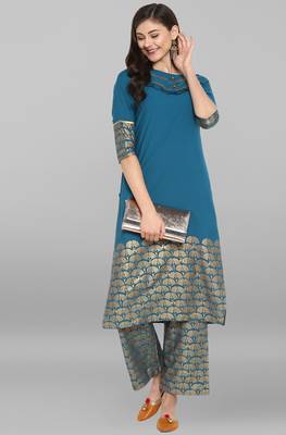 Janasya Janasya Women's Turquoise Crepe Kurta With Pant 1