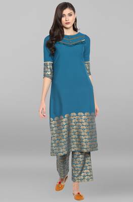 Janasya Janasya Women's Turquoise Crepe Kurta With Pant 2