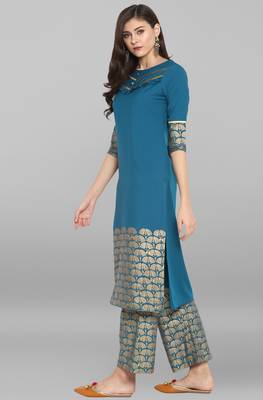 Janasya Janasya Women's Turquoise Crepe Kurta With Pant 3