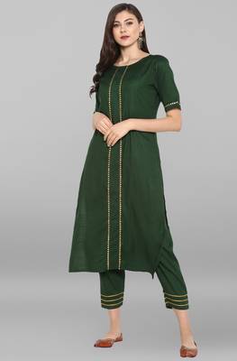 Janasya Janasya Women's Dark Green Rayon Kurta With Pant  1