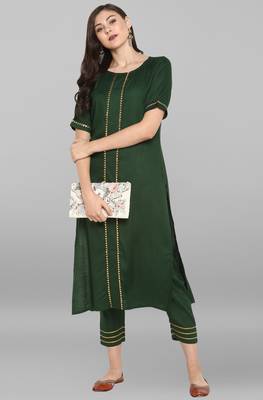 Janasya Janasya Women's Dark Green Rayon Kurta With Pant  2