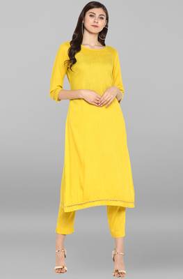 Janasya Janasya Women's Yellow Rayon Kurta With Pant 1
