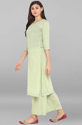 Janasya Janasya Women's Light Green Cotton Kurta With Pant 3