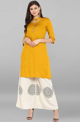 Janasya Janasya Women's Yellow Rayon Kurta With Palazzo  1