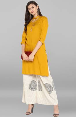 Janasya Janasya Women's Yellow Rayon Kurta With Palazzo  2