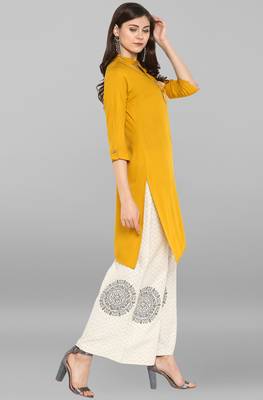Janasya Janasya Women's Yellow Rayon Kurta With Palazzo  3