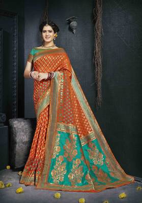Orange Woven Silk Blend Saree With Blouse 1