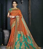 Orange Woven Silk Blend Saree With Blouse