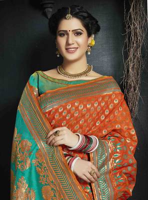 Orange Woven Silk Blend Saree With Blouse 2