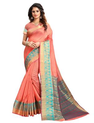 Peach woven cotton silk saree with blouse 1