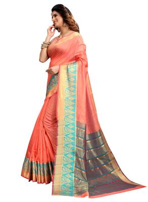 Peach woven cotton silk saree with blouse 2