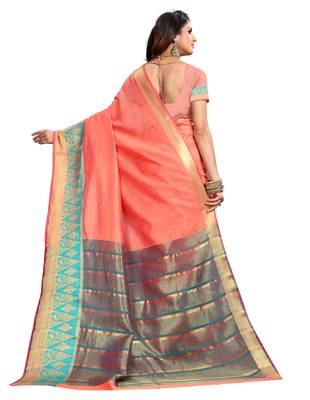 Peach woven cotton silk saree with blouse 3