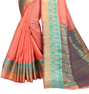 Peach woven cotton silk saree with blouse 4