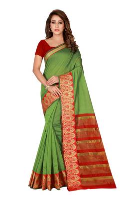 Green woven cotton silk blend saree with blouse 1