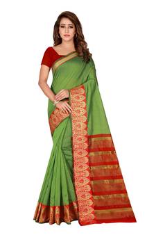 Green woven cotton silk saree with blouse